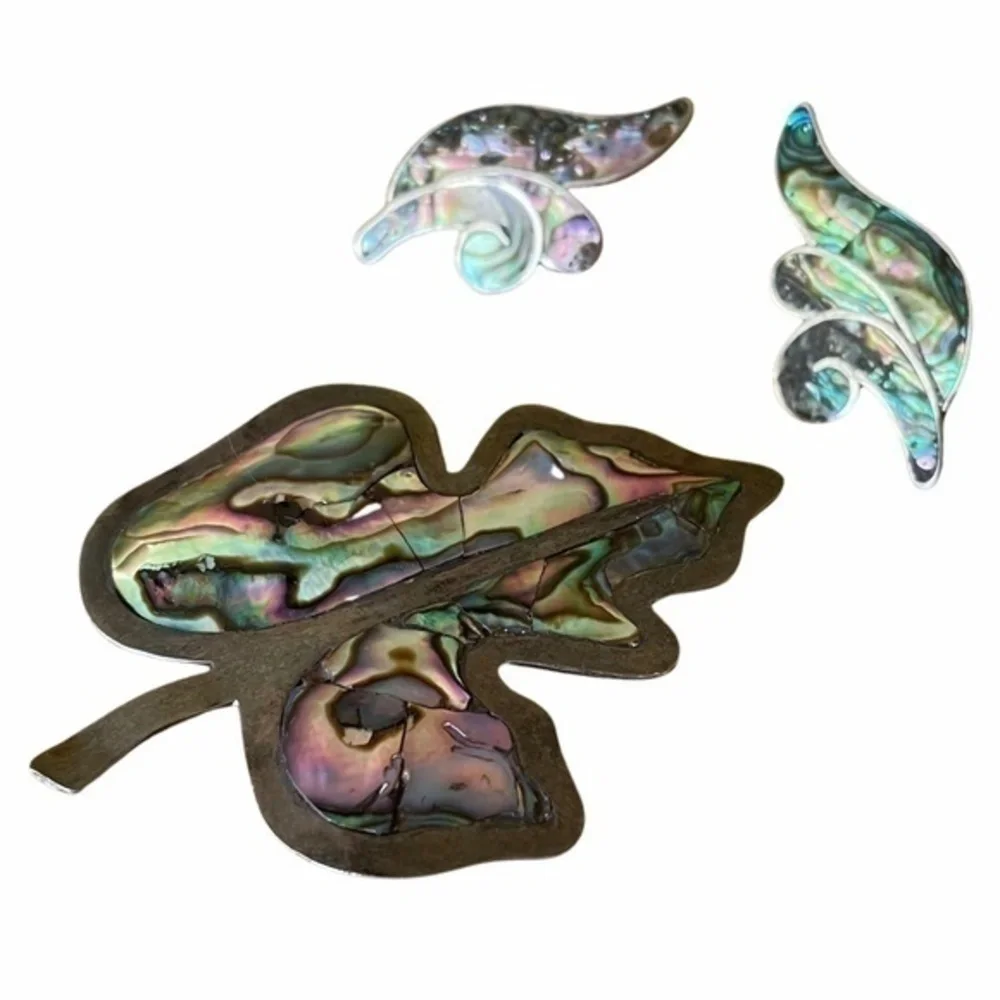 Vintage Taxco 925 Silver Abalone Shell Leaf Brooch Earrings Matching Jewelry Set